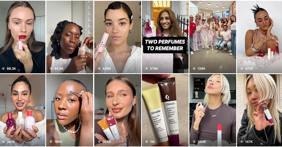 Collage of influencers showcasing Glossier products, highlighting user-generated content and holiday-themed promotions—a powerful marketing hack to boost engagement and drive seasonal sales.