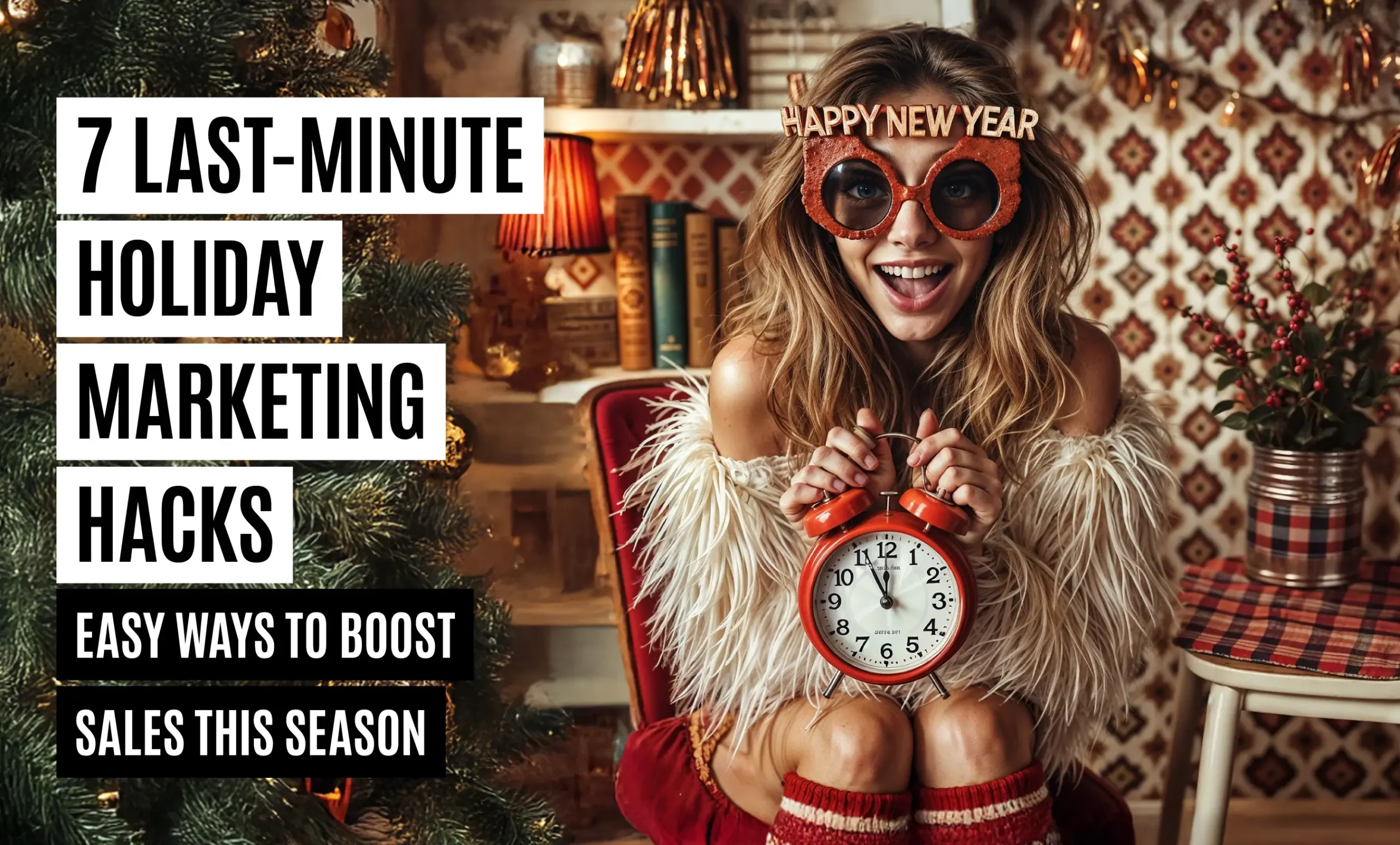 Happy woman holding a red alarm clock, symbolizing urgency and last-minute holiday preparations, surrounded by festive decor—perfect for highlighting holiday marketing hacks to boost sales this season.