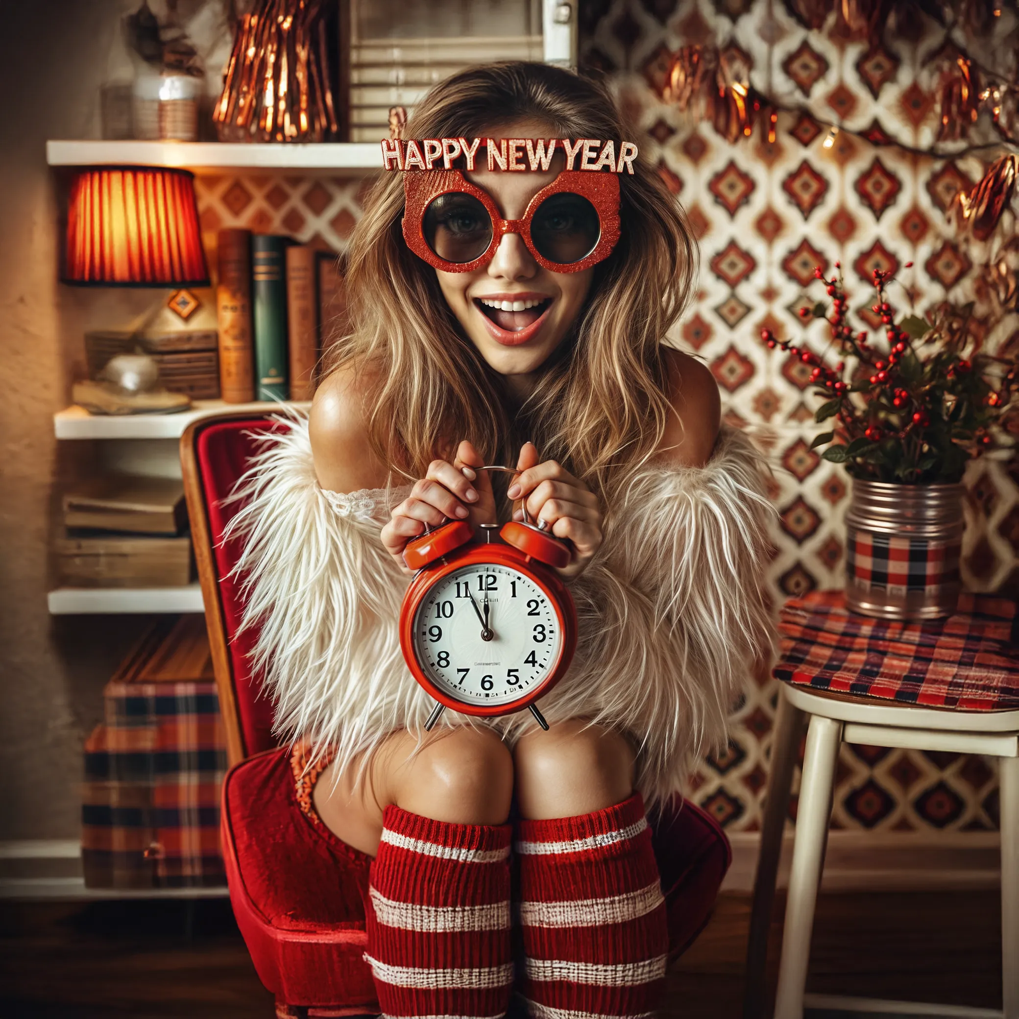 Cheerful woman holding a red alarm clock, symbolizing urgency and last-minute holiday preparations, surrounded by festive decor—perfect for highlighting holiday marketing hacks to boost sales this season.