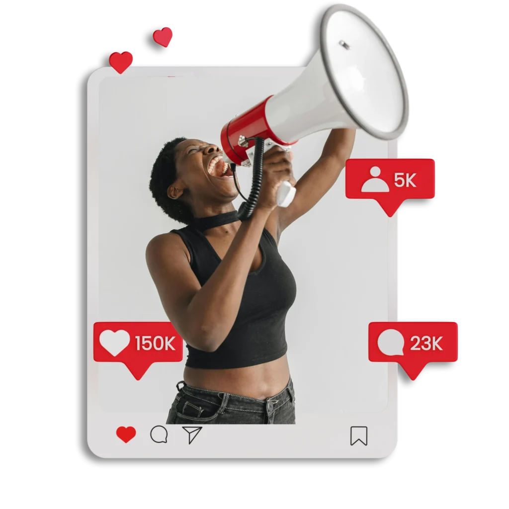 Creative visual for Glitz Creative Marketing Agency’s Social Media Marketing Services, featuring a woman using a megaphone with Instagram engagement metrics like likes, followers, and comments, emphasizing audience growth and brand engagement.