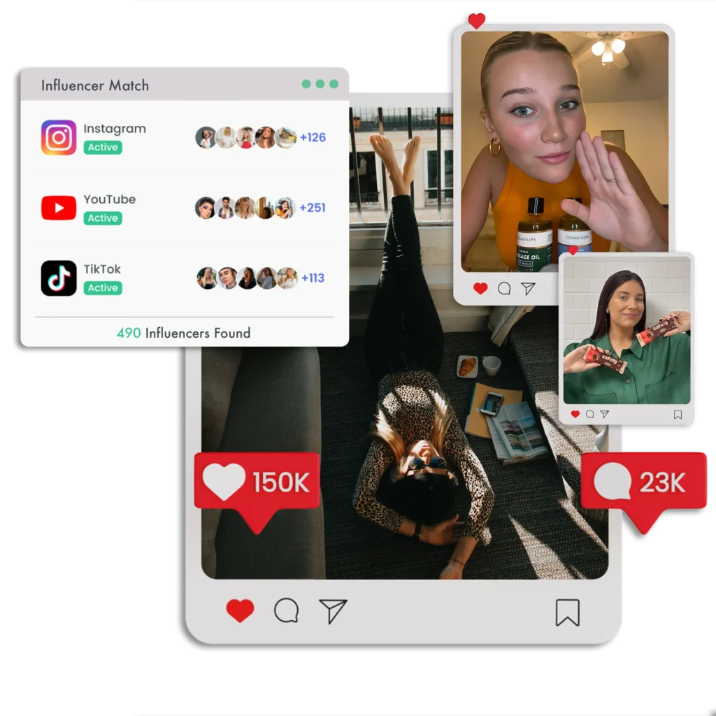 Influencer marketing services by Glitz Creative Marketing Agency, showcasing social media influencer collaborations on Instagram, YouTube, and TikTok with high engagement metrics.