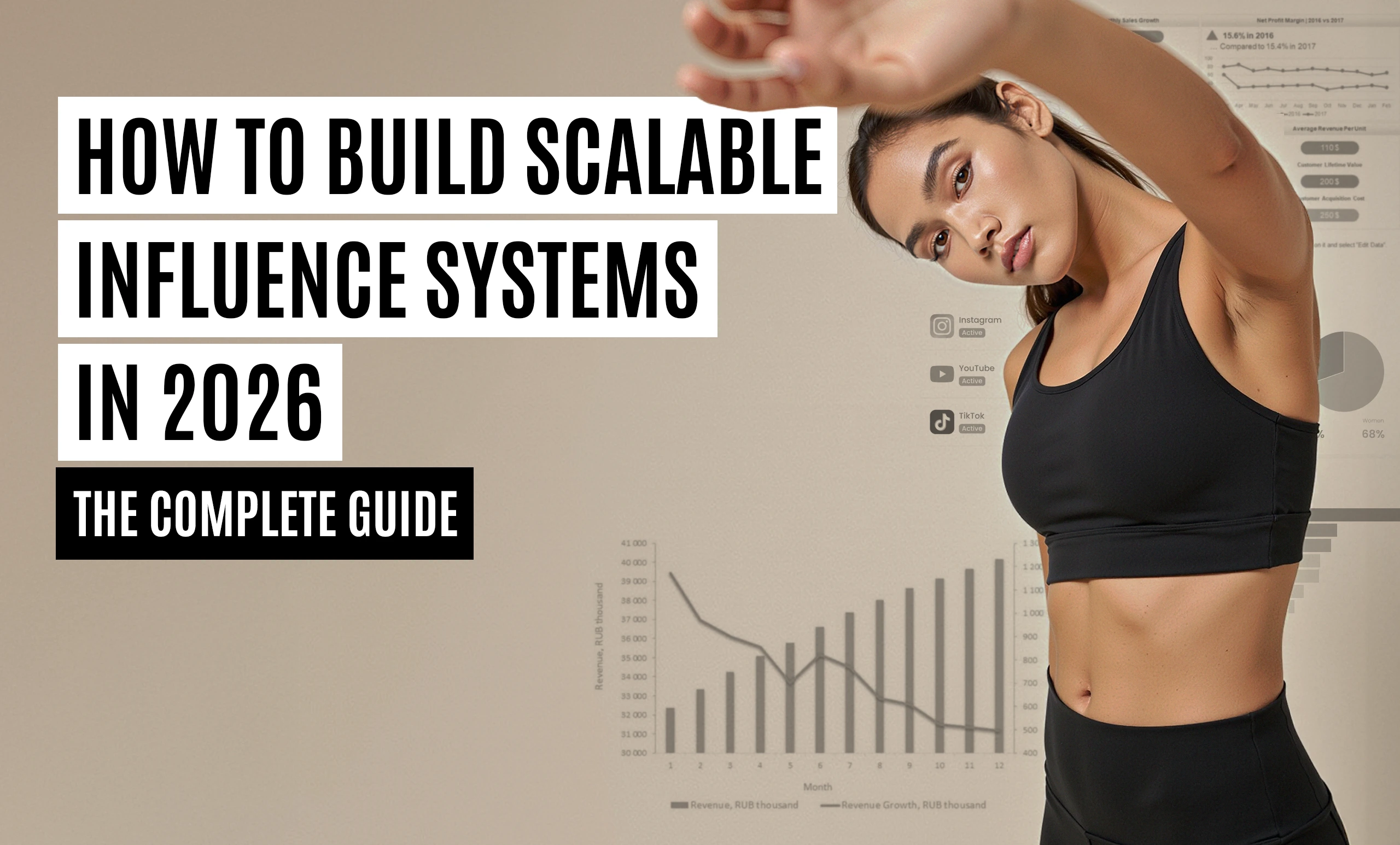 A woman in athletic wear stretching in front of a digital dashboard featuring growth charts and social media icons, titled "How to Build Scalable Influence Systems in 2026."